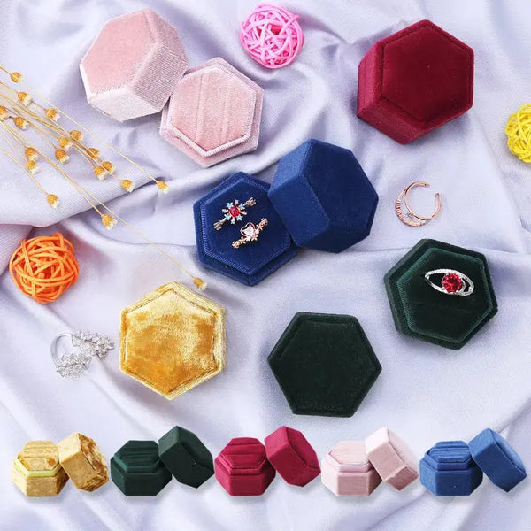 Hexagon Square Shape Velvet Jewelry Box Double Ring Storage Box Wedding Ring Display For Woman Gift Earrings Packaging MRLOUIS