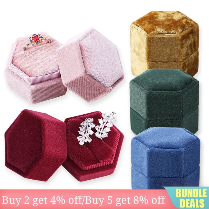 Hexagon Square Shape Velvet Jewelry Box Double Ring Storage Box Wedding Ring Display For Woman Gift Earrings Packaging MRLOUIS