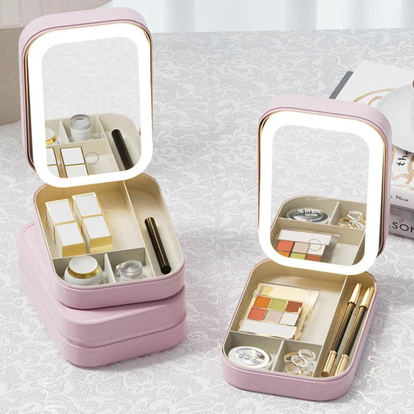 Makeup Storage Box With Led Light Mirror Portable Travel Makeup Cosmetics Jewelry Storage Box Touch Light Storage Organizer MRLOUIS