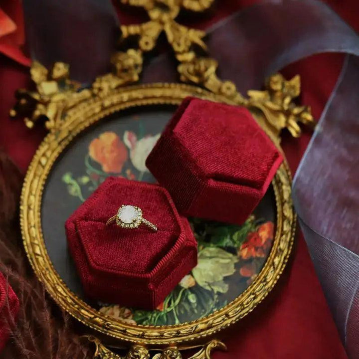 Vintage Hexagon Velvet Jewelry Double Ring Box Empty Case Holder for Engagement Wedding Ceremony Valentines Day Gift Organizer MRLOUIS