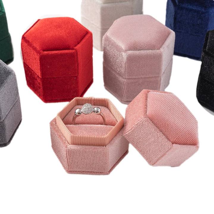 Vintage Hexagon Velvet Jewelry Single Ring Box Empty Case Holder for Engagement Wedding Ceremony Valentines Day Gift Organizer MRLOUIS