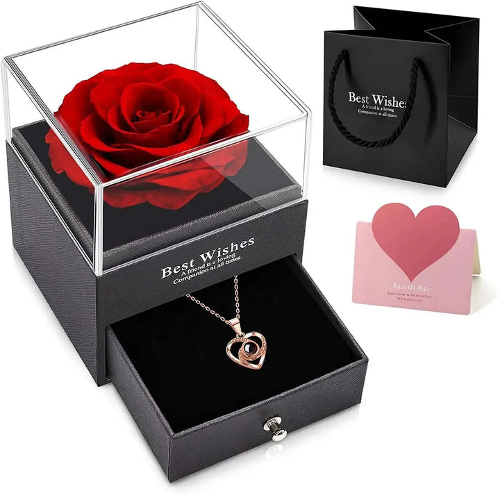 1set Hollow Zircon Love Necklace Female MOTHER'S Day Eternal Flower Artificial Flower Gift Box Jewelry Box MRLOUIS