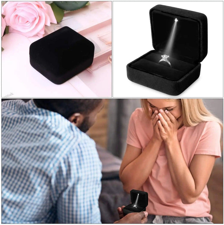 Square Velvet Ring Box LED Light Jewelry Gift Display Case Engagement and Wedding Couple Rings Box Holder Case Storage Gift Box MRLOUIS