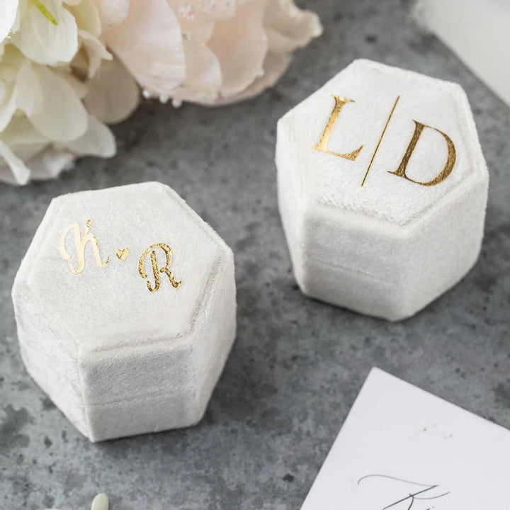 Custom Hexagon Velvet Ring Box Double Slot For Wedding Ceremony Engagement Decoration Velvet Ring Display Personalized Gift MRLOUIS