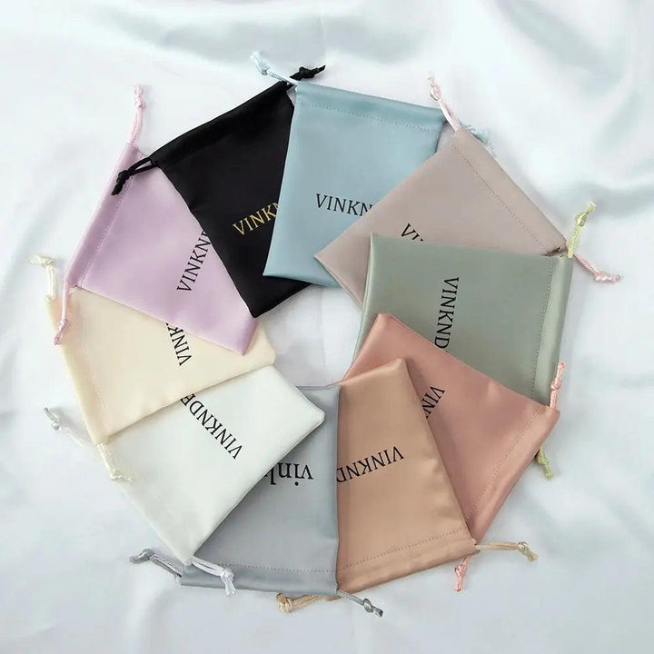 50pcs Custom Logo Drawstring Gift Bags Jewelry Organizer Small Pouches 7X9cm Silk Satin Ring Earrings Wedding Favor Candy Bag - MRLOUIS