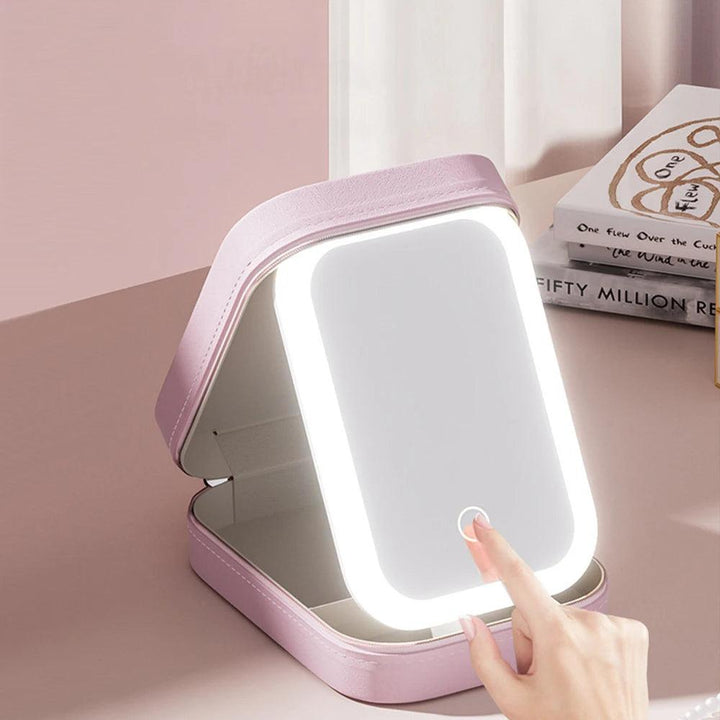 Makeup Storage Box With Led Light Mirror Portable Travel Makeup Cosmetics Jewelry Storage Box Touch Light Storage Organizer MRLOUIS