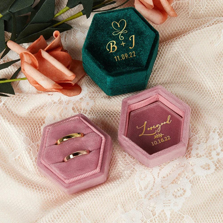 Personalized Hexagon/Octagon Velvet Ring Box Wedding Engagement Bridal Photo Props Single/Double Slot Ring Bearer Box Retro MRLOUIS