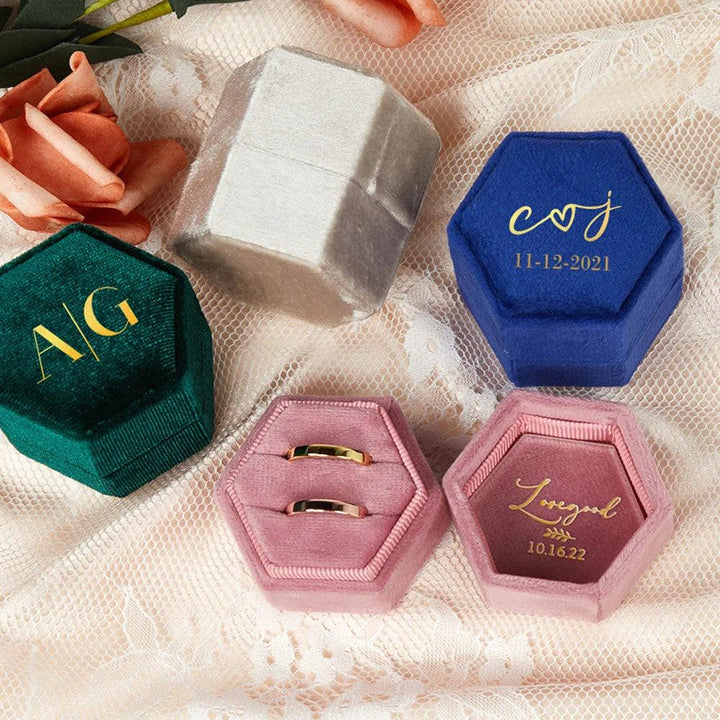 Personalized Hexagon/Octagon Velvet Ring Box Wedding Engagement Bridal Photo Props Single/Double Slot Ring Bearer Box Retro MRLOUIS