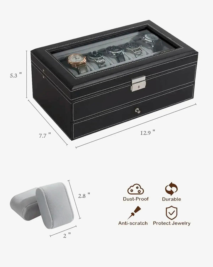 12 Slot PU Leather Lockable Watch Storage Boxes, Men & Women's Jewelry Display Drawer Case, 2-tier Organizer Watch Showcase - MRLOUIS